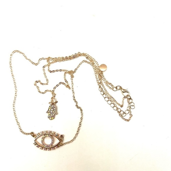 Necklace Hamsa Hand Pendant Layered Necklace Rose Gold Tone And Evil Eye Pendant - Picture 8 of 9